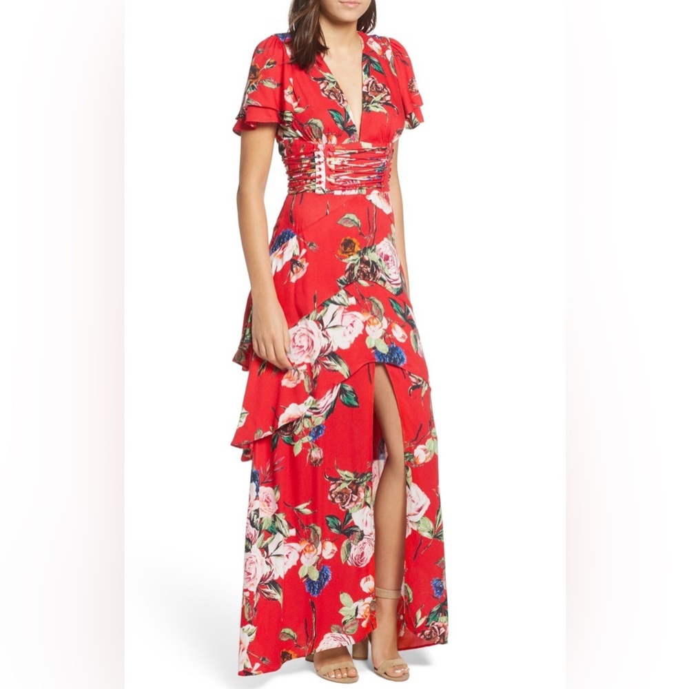 AFRM Red Floral Tiered Plunging V Neck Corset Bodice Short Sleeve Maxi Dress SML